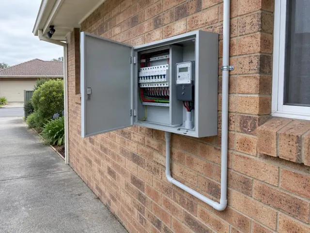 Open electrical switchboard on a brick exterior wall beside a window in Belmont South